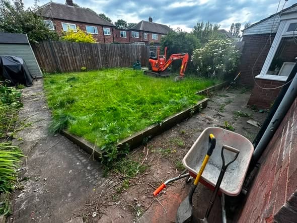 Porcelain patio, path and new lawn, The same garden from ground level, before and after