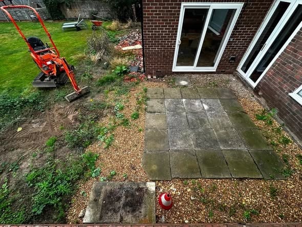 A garden before and after a patterned tile patio
