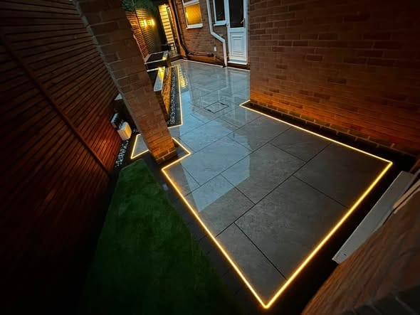 Porcelain paving lit by LED lights at night