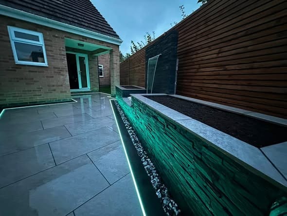 LED lights along garden walls and steps