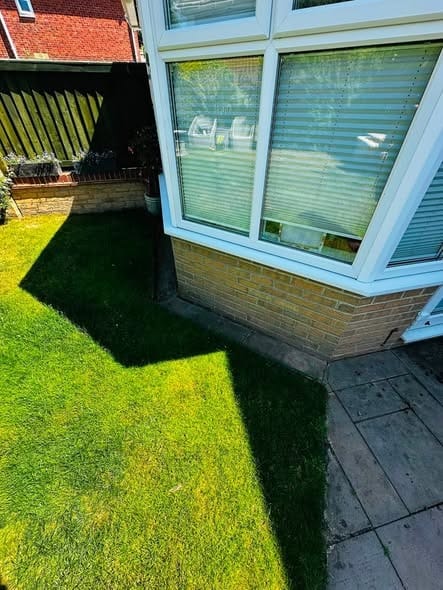 A freshly laid lawn in a garden beside a conservatory
